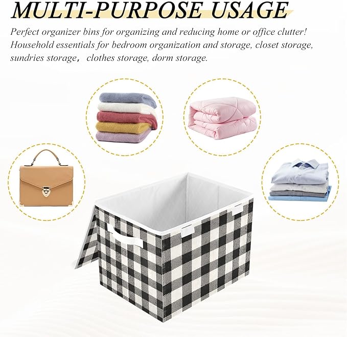 Black White Buffalo Plaid Large Storage Bins with Linen Foldable Storage Cubes Fabric Closet Organizer Containers box with Flip-Top Lid for Home Office 16.5 x 12.6 x 11.8 IN