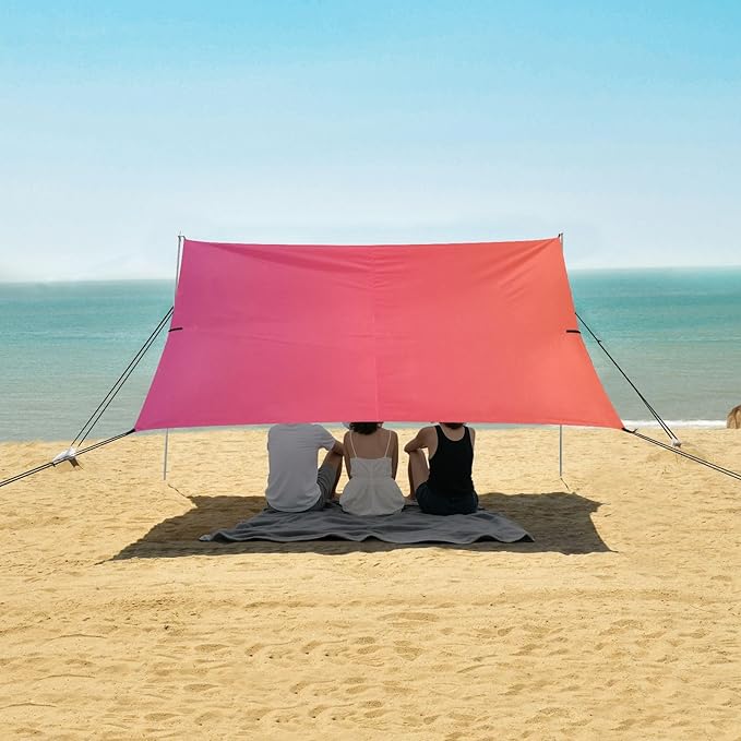 Purple Orange Gradient Beach Tent &amp Canopy UPF50+ Easy Setup Sun Shelter with Sandbags &amp Sand Shovel for Backyard and Camping