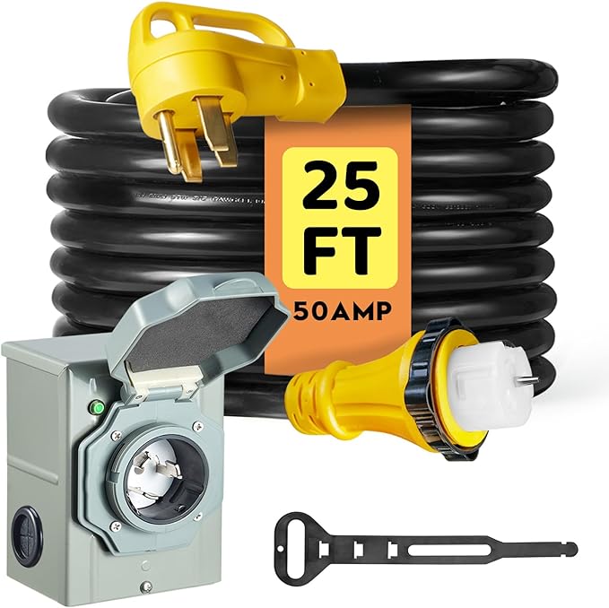 50 Amp Generator Cord 25FT and Power Inlet Box NEMA 14-50P Male to SS2-50R 125/250V Twist Lock Connector with Pre-Drilled NEMA SS2-50P Generator Inlet Box for Generator to House