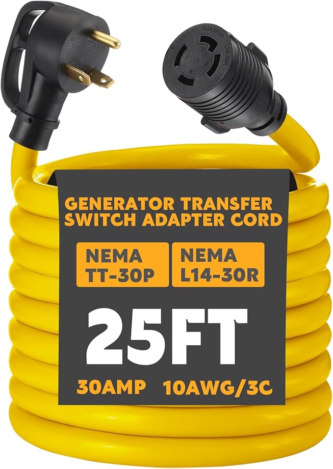 Kanayu 25 ft NEMA TT-30P to L14-30R Generator Transfer Switch Adapter Cord 30 Amp 3 Prong to 4 Prong Generator to House Inlet Box Adapter STW 10 AWG ETL Listed