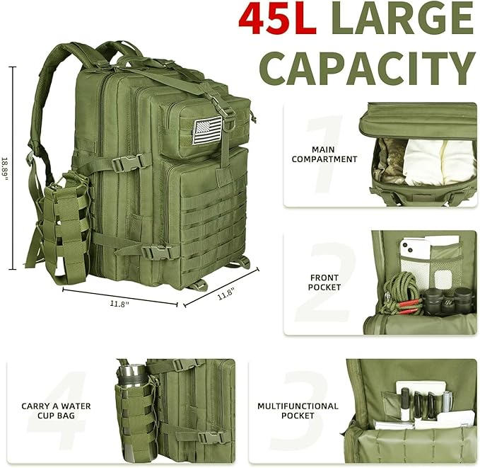 45L Military Tactical Backpack For Men Highland Assault Large Army Pack 3 Day Molle Bug Out Bag With Water Cup Bag Outdoor Camping Hiking Daypack Green Rucksack