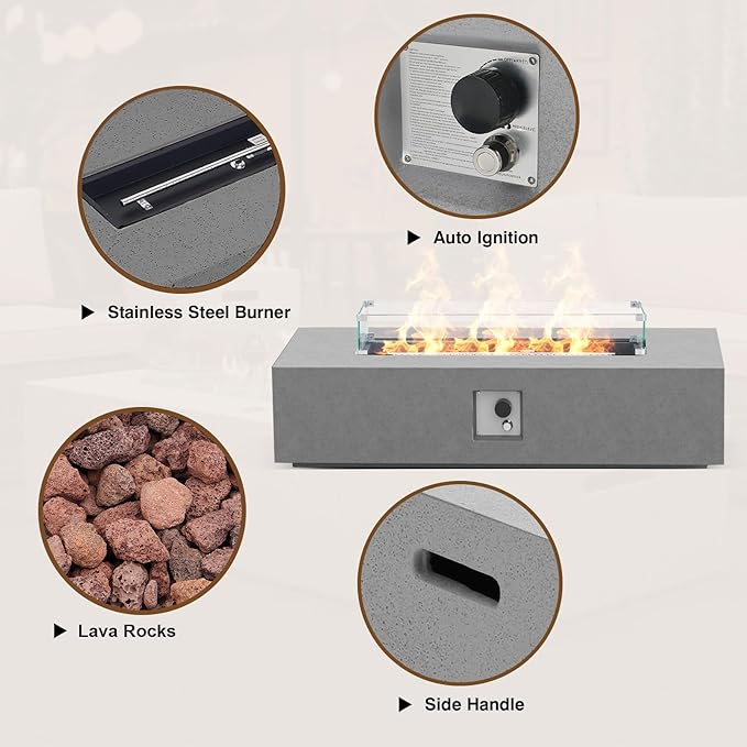 3-Piece Outdoor Propane Fire Pit Table Set – Premium Marble-Like MgO Finish 56-Inch Gas Fire Table with Tank Table &amp Glass Wind Guard for Patio Garden &amp Backyard Includes Rain Cover &amp L