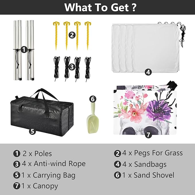 ALAZA White Skull Flowers Pattern Beach Tent Sun Shelter Portable Canopy Sunshade for Outdoor Camping Picnics Backyard Fun 10x9 ft