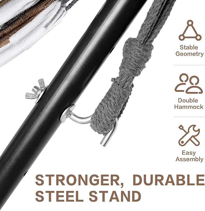 PNAEUT Double Hammocks with Stand for Outside Portable Space Saving Heavy-Duty Steel Frame for Indoor Outdoor Patio Yard Easy Assembly 2 Person 450 lbs Capacity (Coffee)