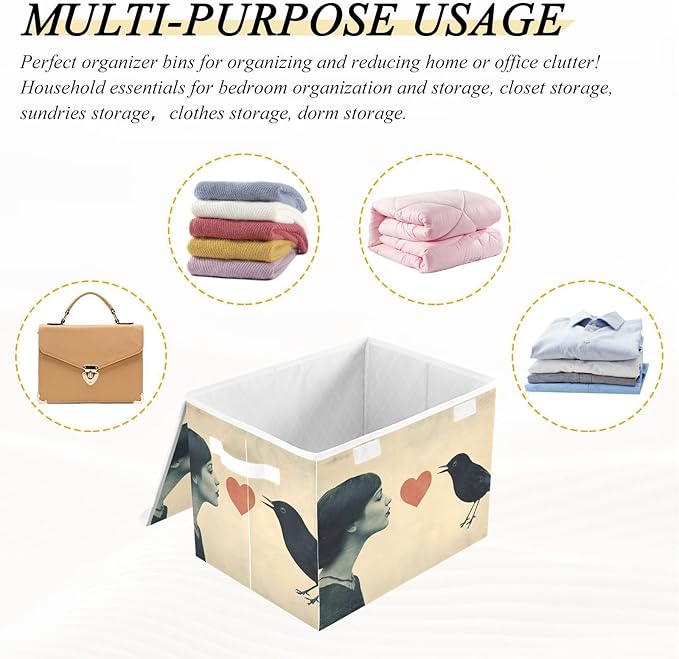 AIXIWAWA Lidded Storage Cube (Woman Bird Heart) Fabric Foldable Closet Bins with Flip Lid and Handles Organizer Basket Container 16.5 x 12.6 x 11.8 IN