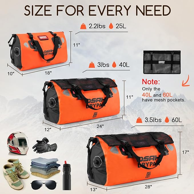 OSAH DRYPAK Waterproof Duffel Bag - Motorcycle Dry Bag Tail Bag with Large Storage Space Waterproof Luggage Duffle Bags with Outer Mesh Zipper Pocket for Camping Kayaking Fishing &amp Traveling