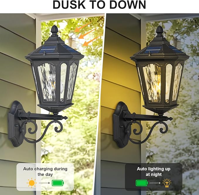 Solar LED Wall Light Outdoor with Remote Control 22'' Front Door Sconce Dusk to Dawn 3 Lighting Modes Solar Exterior Wall Lantern Outside Lights for Patio Doorway Porch Walkway Black