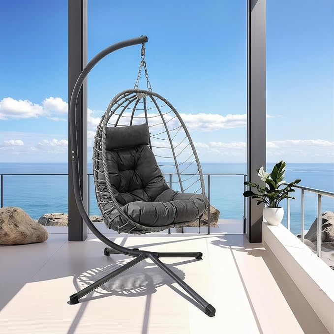 Hanging Egg Chair with Stand Outdoor Indoor Rattan Wicker Swing Chair Foldable Patio Hammock with Cushion Dark Grey 350 LBS Capacity (Dark Grey)