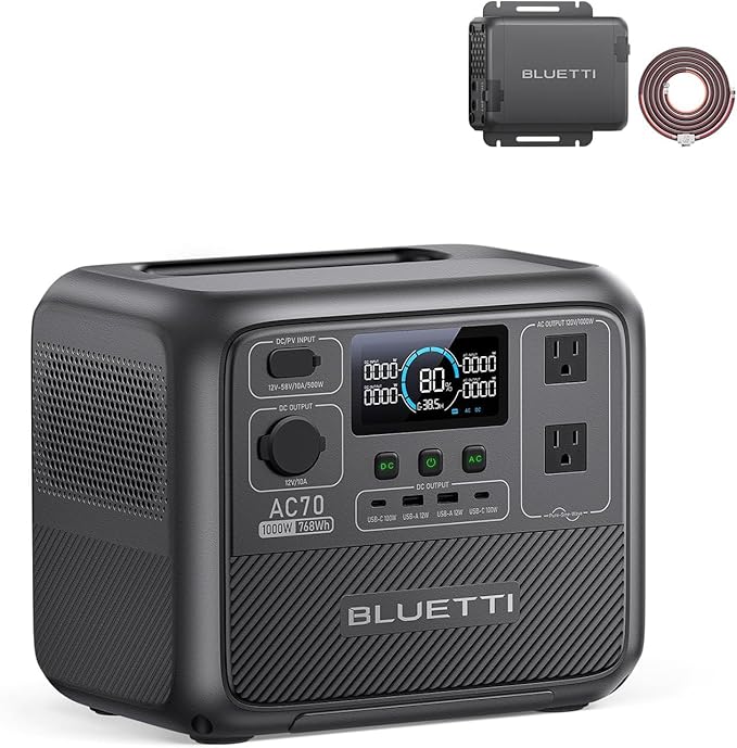 BLUETTI AC70 Solar Generator with Charger 1 (Ships Separately) 768Wh LFP Backup 560W Alternator DC-DC Charger for Portable Power Station 2H Full Charge via Car for Road Trips Off-grid Use