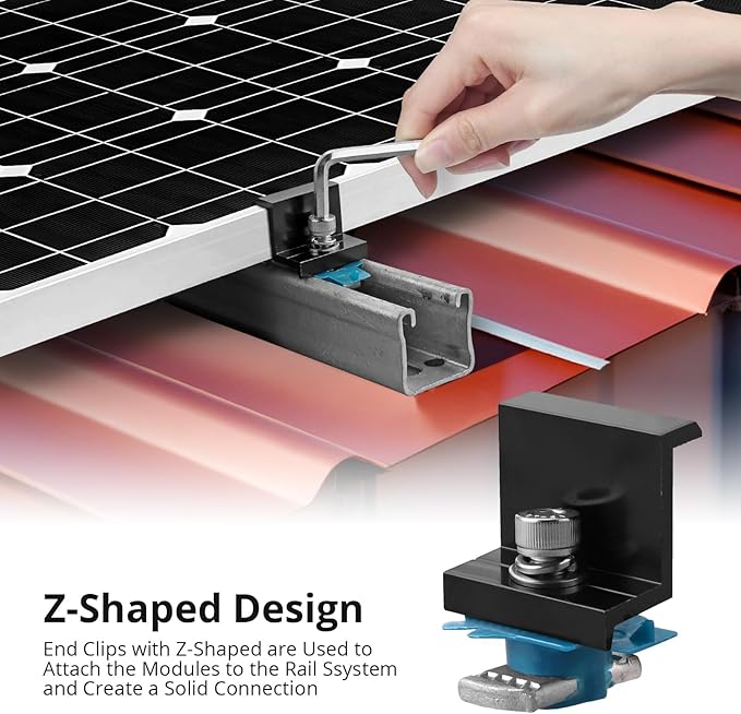 Anbte 10 PCS Solar Panel Mounting Brackets for Unistrut Aluminium 35mm 6 x T-Shaped Mid Clamps + 4 x End Clamps Solar Panel Mounting Kit for Metal Tin Flat Sheet Roofs RV Black