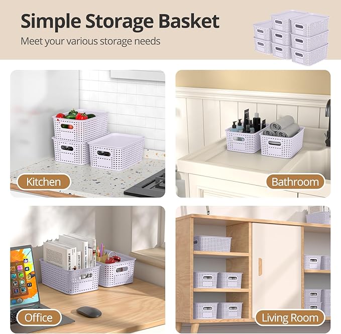 Plastic Storage Basket with Lid Stackable Small Box Bins for Organizing and Containers for Shelves Drawers Desktop Closet Playroom Pantry Classroom Office Home 8 Pack 10.2x7.2x4.1 Lavender