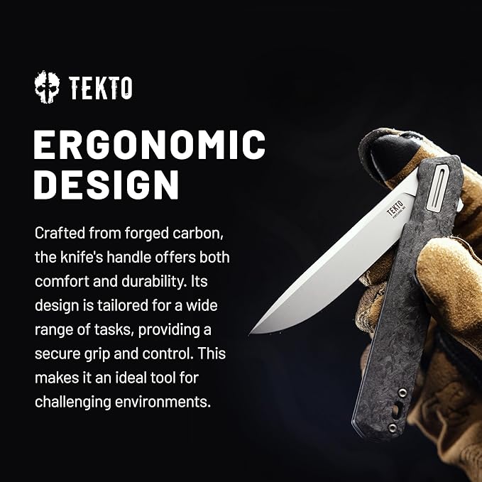 TEKTO F2 Bravo Folding Knife Pocket - D2 Steel Blade Ceramic Ball Bearings - EDC - Snap Swift Flip - Camping Backpacking - 2.4oz (68g) Forged Carbon Handle Silver Titanium Accents