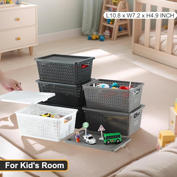 NUMIFUN Storage Bins with Lids Set of 6 Stackable Woven Design Black Plastic Containers with Easy Pull Handles Interlocking Rim Stackable Storage Boxes with Lids for Pantry Closet