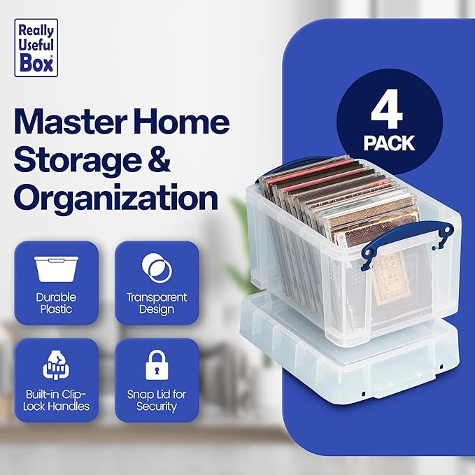 Really Useful Box 4 Pack Storage Bins Clear Plastic Stackable Organizing Totes 3 Liter