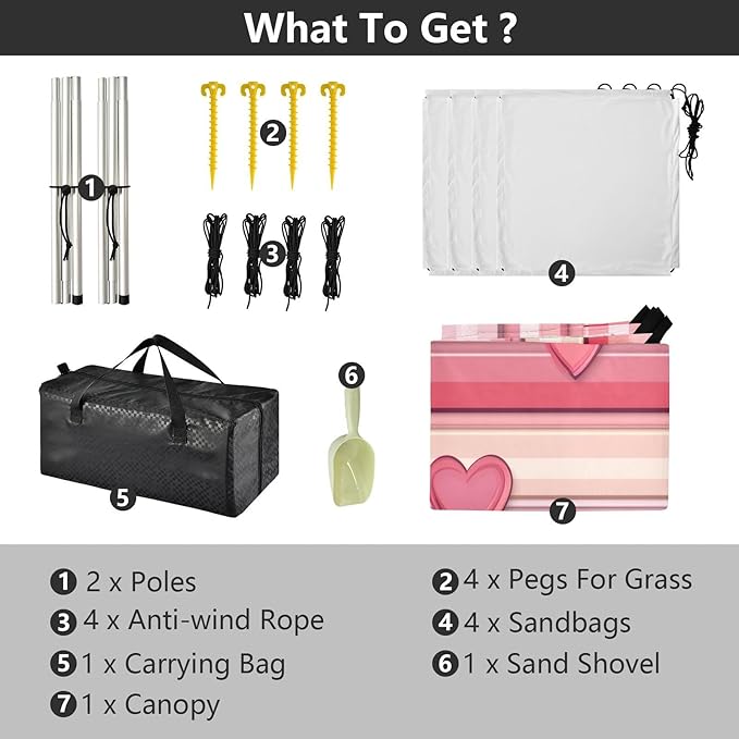 Valentines Hearts Striped Beach Tent Sun Shelter Set UPF50+ UV Protection 10.5 x 9.19 FT Camping Shade Canopy with Sandbags Sand Anchors Carrying Bag and Others