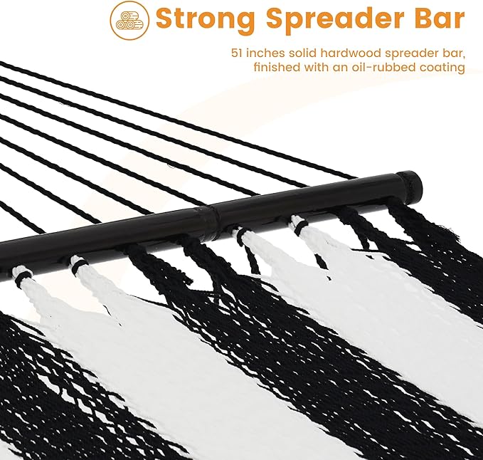 Lazy Daze Hammocks 10.5 FT Double 2 Person Caribbean Rope Hammock Hand Woven Polyester Hammock with Spreader Bars for Outside Outdoor Backyard Patio Poolside 450 LBS Capacity Black/White