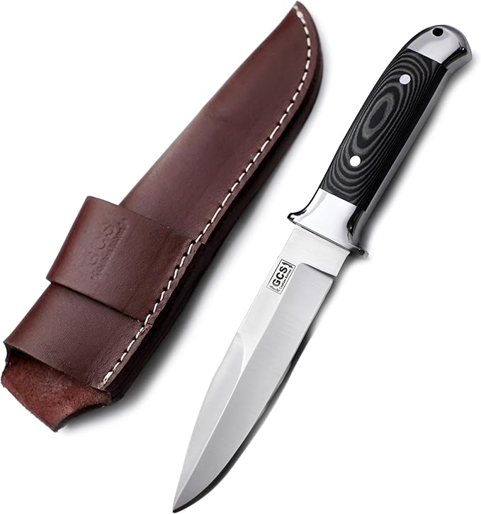 GCS Handmade D2 Steel Hunting Knife with Black And White Micarta with Steel Bolsters Handle Full Tang Blade and Leather Sheath for Hunting Hunting Camping Survival EDC-GCS 940