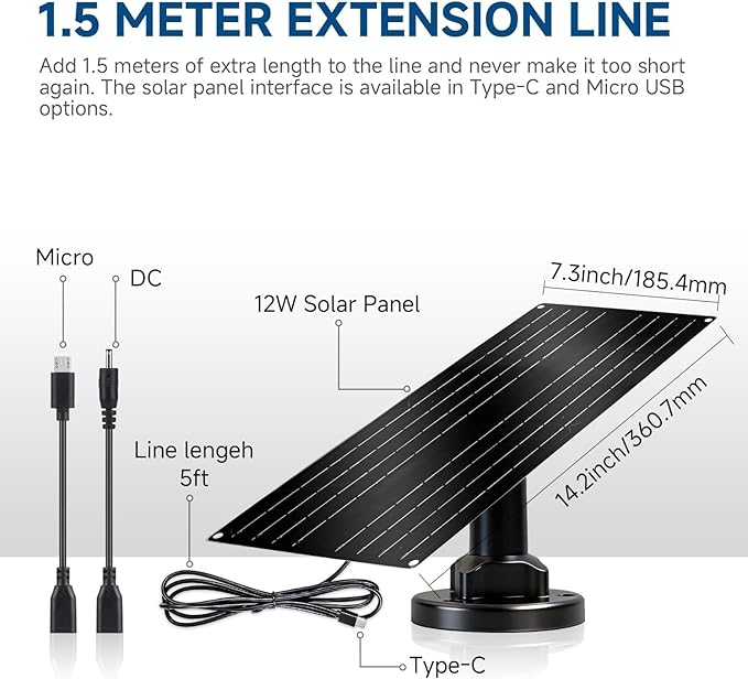 12W Solar Panel for Security Camera 5V USB-C Solar Charger with Micro USB &amp Barrel Adapters Outdoor Weatherproof for Continuous Home and Property Monitoring (2)