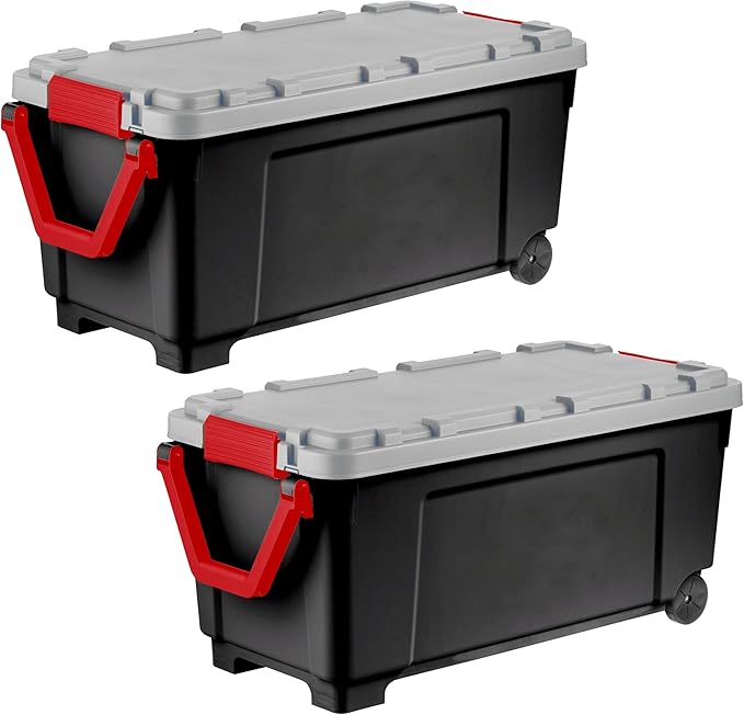 IRIS USA 2 Pack TrailBox 43 Gallon Lockable Storage Trunk Box Truck Bed Bin Heavy-Duty Containers Camping Gear Adventure Chest - Black/Gray