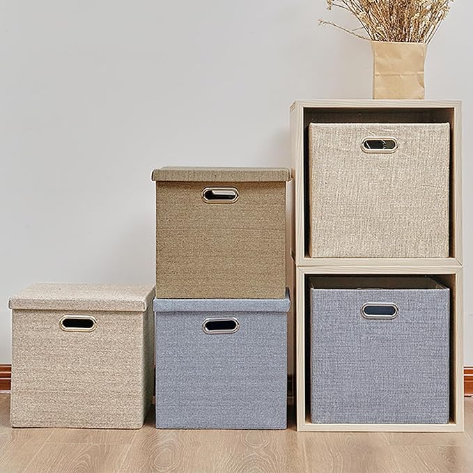 Storage Bins with Lids13 x 13 Inch Foldable Fabric Cube Baskets Boxes Organizer for Closet Shelves and Home. (Khaki (13x13) 4 pack)