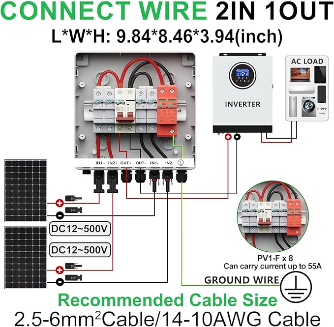 2 String Solar PV Combiner Box IP65 2 in 1 Out DC500V 32A Circuit Breaker with Surge Protector and 15A PV FuseSolar Disconnect Switch Outdoor Waterproof for Solar Panels System