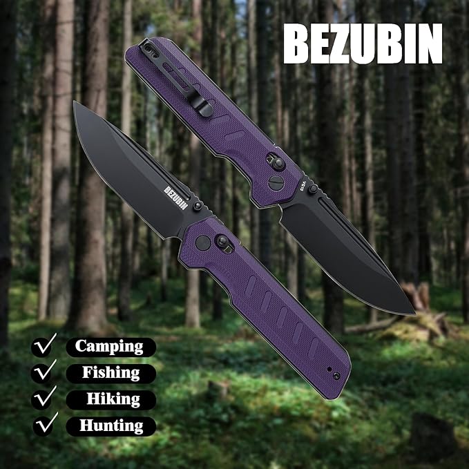 UBIN Folding Pocket Knife 3.25 VG10 Blade EDC Folding Knife with Safety Axis Lock Purple G10 Handle Hunting Camping Knife with Thumb Stud Opener