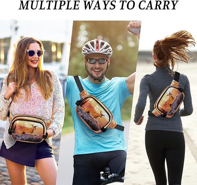 Sunset Deep Woods Elk Waterproof Fanny Pack for Women Men Adjustable Waist Bag with Double Zipper Pockets Lightweight Square Hip Pack for Running Travel Hiking Workout Cycling