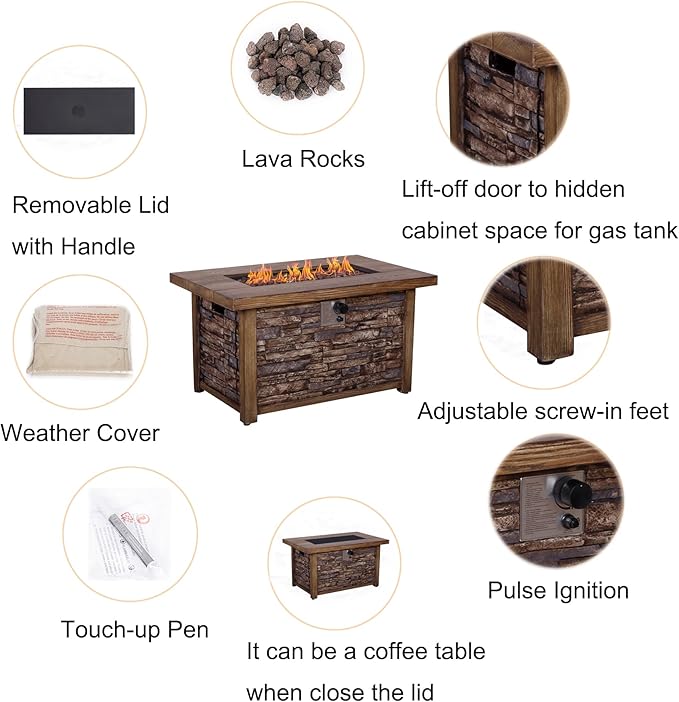 Afterglow Outdoor Retangular TerraFab Propane Fire Pit Table for Outside Patio Backyard Garden with Weather Cover and Lava Rocks 50000 BTU 43.5”Lx27.36”Wx23.8”H Brown CSA Certificated