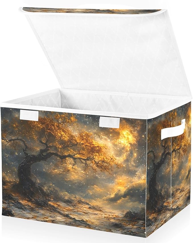AIXIWAWA Lidded Storage Cube (Gold Landscape) Fabric Foldable Closet Bins with Flip Lid and Handles Organizer Basket Container 16.5 x 12.6 x 11.8 IN