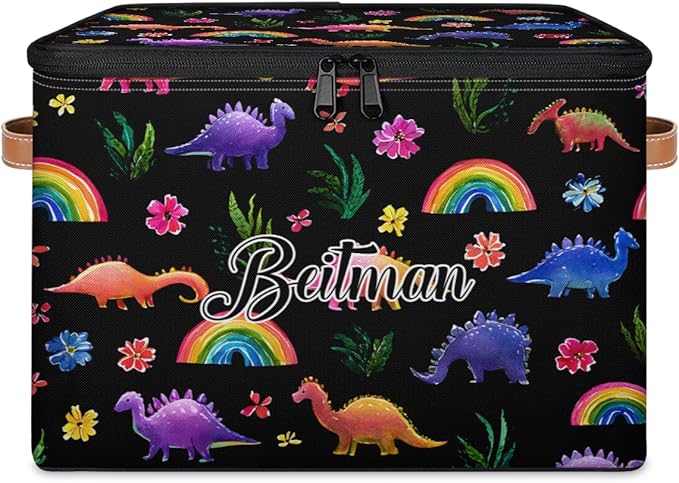Storage-Bins with Lids Handle Customized Stackable-Storage-Bin for Kids-Boys-Girls-Toys Cube Collapsibl Basket Colorful Dinosaur