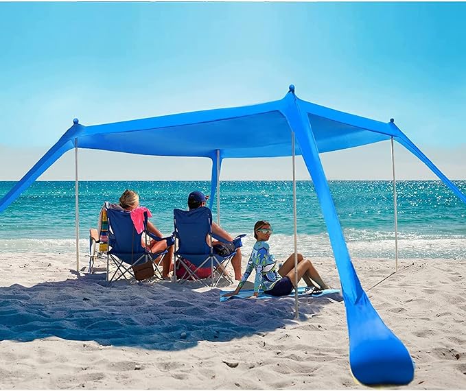 Tall Beach Sun Shelter UPF50+ Stability Pop Up Tent for Camping Spacious &amp Versatile for Family Gatherings Blue Polyester with Iron Poles (Blue)