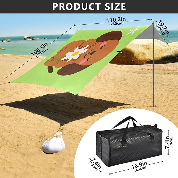 ALAZA Brown Dog with Daisy Beach Tent Sun Shelter UPF50+ Protection Beach Shade Canopy w/ 4 Sandbags for Outdoor Camping Fishing Backyard Fun Picnic 10x9 ft