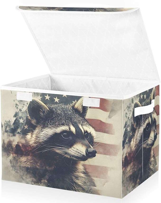 Storage Cube with Lid Raccoon American Print 16.5×12.6×11.8 IN Collapsible Large Capacity Foldable Storage Basket Bin Organizer