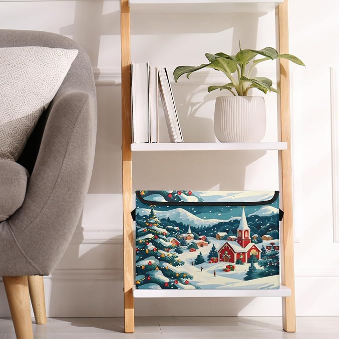 Christmas Xmas Storage Basket with Lid Winter Village Foldable Storage Box Fabric Storage Bins with Carrying Handles for Home Bedroom Closet Organization