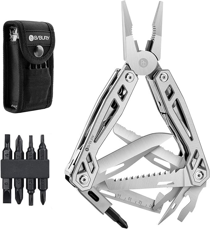 BIBURY Multitool with Pocket Knife 21-in-1 Stainless Steel Pliers with Screwdriver Safety Locking Multi tools with EDC Knife for Survival Camping Fishing Repair Birthday Gifts for Men Women