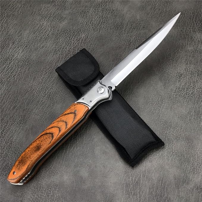 12'' Tactical Folding Knife 420 Stainless Steel Blade Red-colored Wood Handles with Slide Safety Lock Outdoor Camping EDC Tools