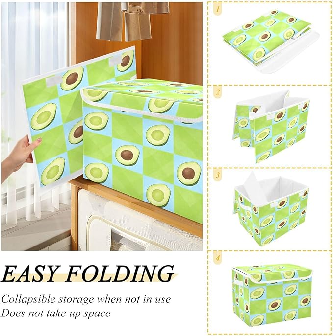 Storage Bins With Lid Stackable Fabric Closet Organizer Clothing Storage Large Boxes For Closet Shelves Bedroom Emerald Green Blue Checkered Avocado
