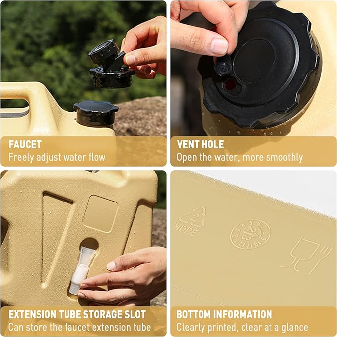 3.2 Gallon Water Jug12L Portable Water Container with Spigot Cleaning Brush Detachable Hose &amp Extra Lid Dual Handles Design BPA-Free Camping Hydration Canteen Outdoor Tank Storage PE - Khaki