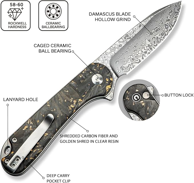 CIVIVI Elementum II Pocket Folding Knife 2.96 Damascus Blade Knife with Deep Carry Pocket Clip for EDC Camping Hiking Hunting C18062P-10
