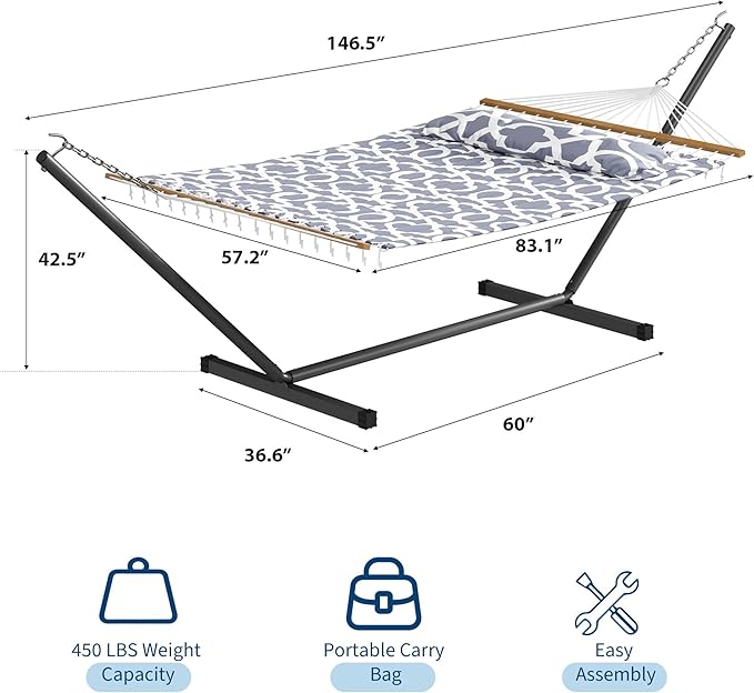 GarveeLife 57 2 Person Outdoor Hammock Widening Design Cotton Hammock with Metal Stand Heavy Duty Construction 450 LBS Weight Capacity Light Grey