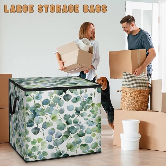 XL Large Clothes Storage with Lid Handle Green Eucalyptus Large Thick Clothes Blanket Storage Containers for Organizing Bedroom Closet Comforter Organization Storage Natural Plant Leave
