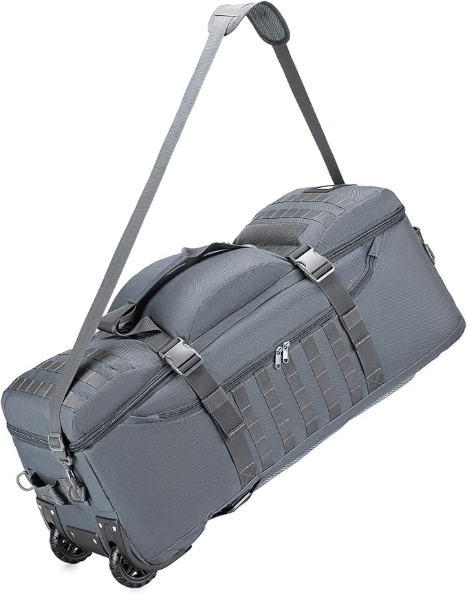 Tactical Travel Duffle Bag with Wheels and Handle 3 in 1 Large 85L XL Rolling Travelling Backpack Waterproof Oxford Carry On Hand Luggage Deployment Bags with Combination Padlock Grey