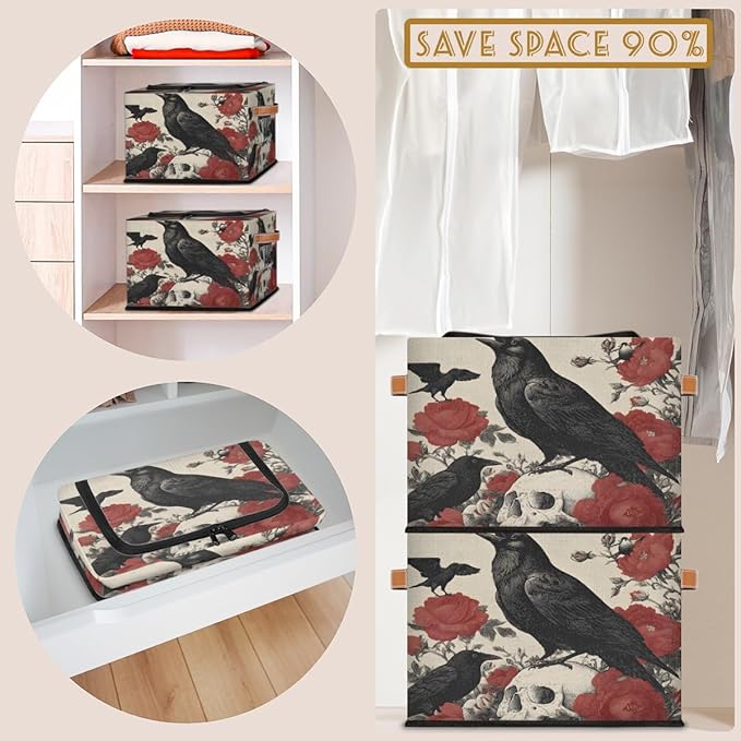 Halloween Crow Storage Bins with Lids Skull Floral Collapsible Cube Storage Basket with Leather Handle Foldable Storage Box with Lids for Organizing Home Closet