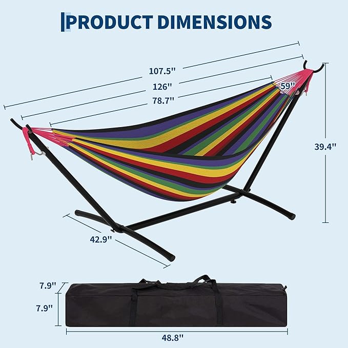 TrailBlaze Double Hammock with Heavy Duty Steel Stand – Portable &amp Space-Saving Comfortable Polyester Cotton 600 lbs Capacity for Indoor or Outdoor Use Carry Bag Included – Black Rainbow Strip