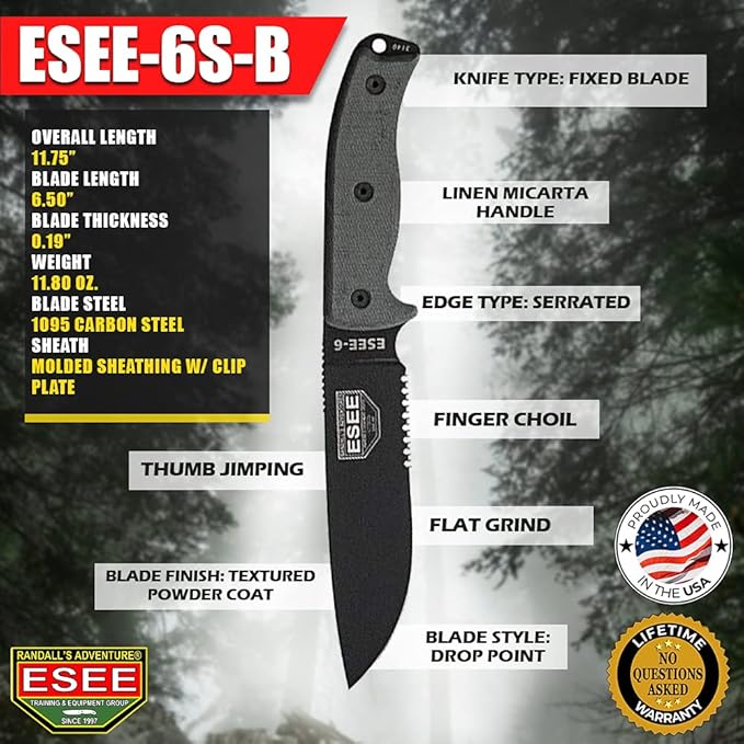 ESEE Knives 6P Fixed Blade Knife w/Molded Polymer Sheath (Black Blade/Serrated Edge/Black Sheath)