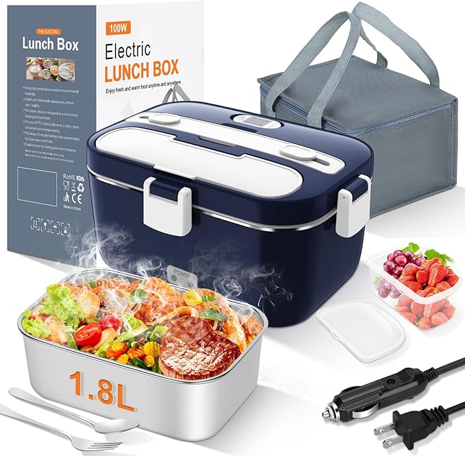 DUPASU Electric Lunch Box for Adults: 100W Heated Lunch Box Food Warmer 1.8L Portable Fast Heating Lunchbox Food Heater or Car Truck Work Travel Lonchera Elctrica Porttil 12/24V/110-230V