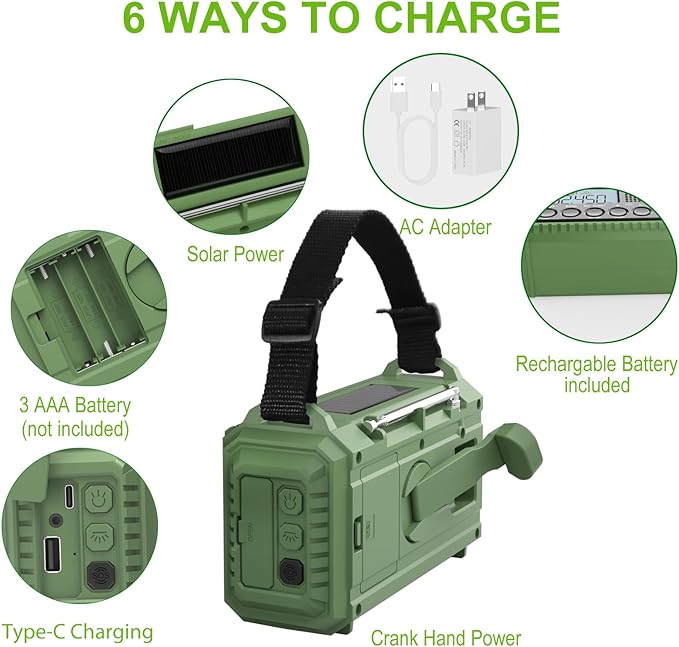 Raynic Emergency Radio 12000mAh/44400mWh Battery Operated Weather Radio Solar Hand Crank Radio with AM/FM/SW/NOAA Alert Cell Phone Charger Type-C Charging Flashlight and SOS Siren