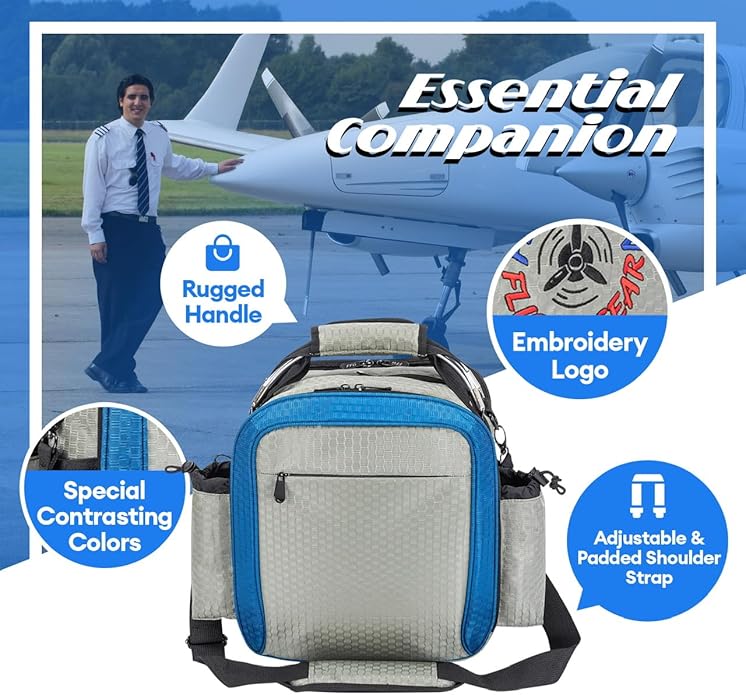 Pilot Flight Bag – Compact Aviation Headset &amp iPad/Tablet Bag with Multi-Pocket Storage Shoulder Strap Honeycomb Nylon (Gray/Blue)