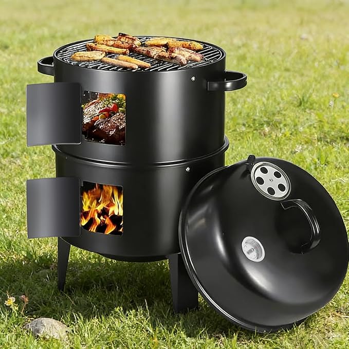 16.5-Inch Vertical Charcoal Smoker Heavy Duty Round Multi-Layer BBQ Grill with Thermometer for Smoking Meats (Black)
