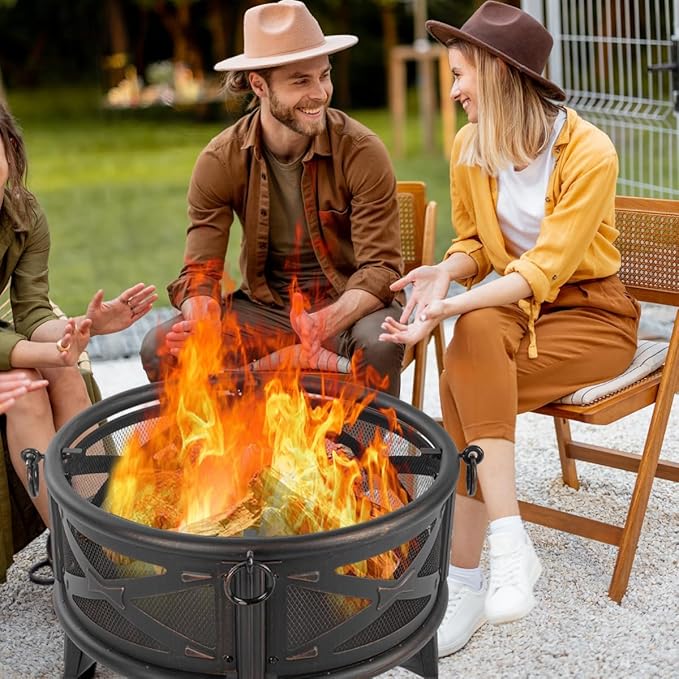 Breezz 26 Inch Wood Burning Fire Pit with Cooking Grill and Spark Screen Outdoor Metal Round Firepit for Patio Backyard Bonfire Party Camping